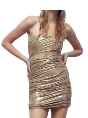 Zara Strapless Metallic Gold Ruched Mini Dress - Small